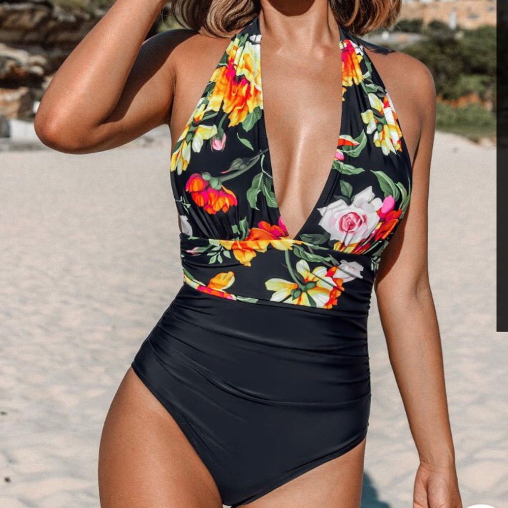 Floral and black plunge halter one piece swimsuit